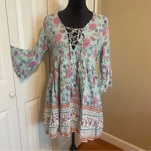 Women’s large bohemian floral mint tunic dress lace flare sleeve peplum